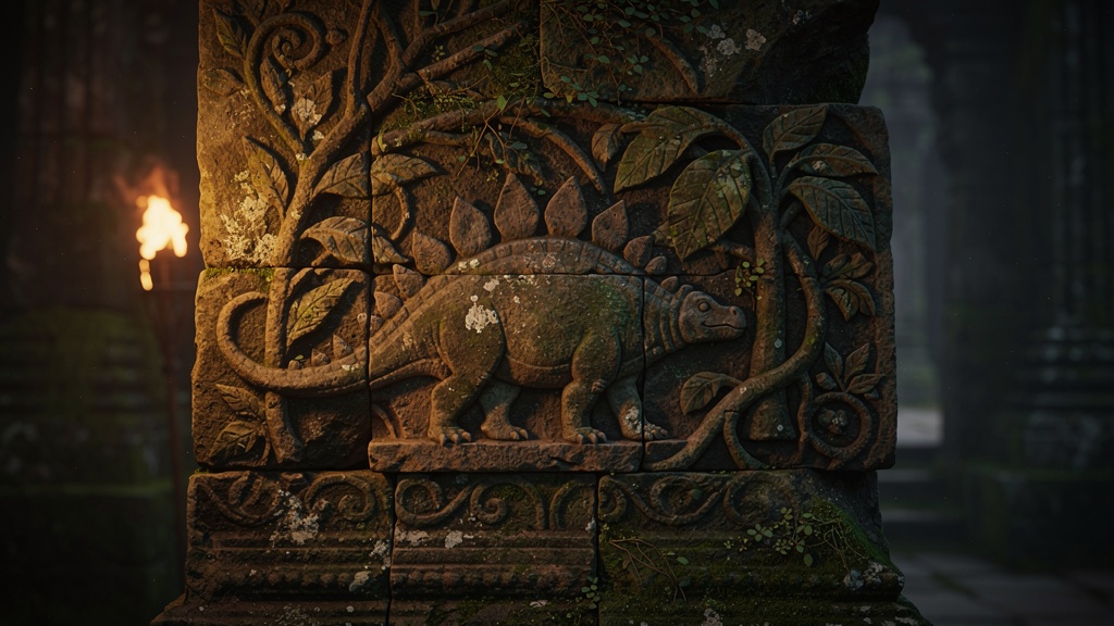 Stone carving at Ta Prohm temple, Cambodia, depicting an animal resembling a Stegosaurus
