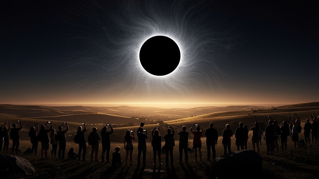 Total solar eclipse at totality — corona visible, sky darkened, stars appear