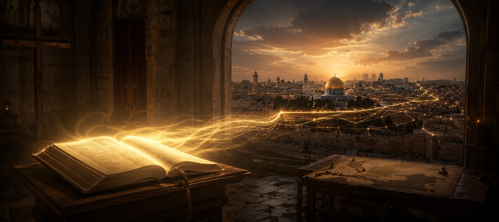 Open Bible with light streaming toward the Dome of the Rock in Jerusalem at dusk