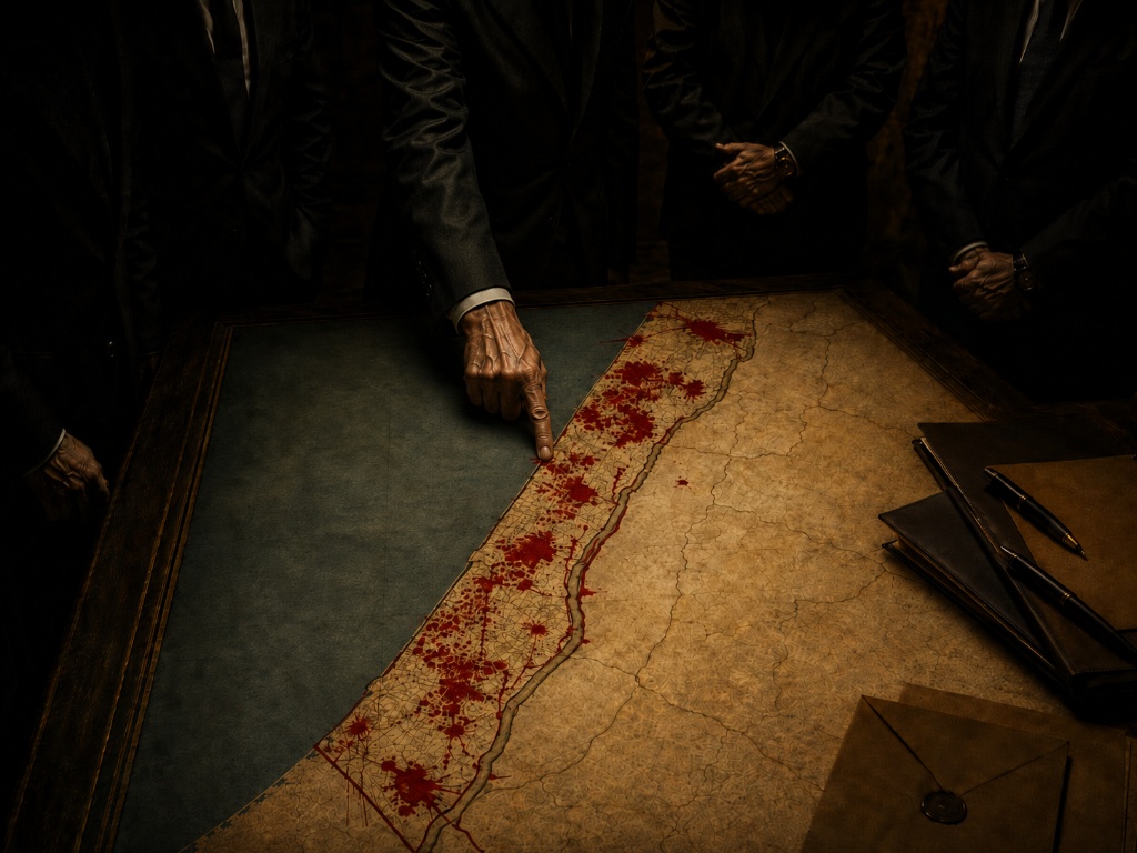 A suited finger points to a blood-stained strip on an antique map — the Gaza corridor — surrounded by men in dark suits