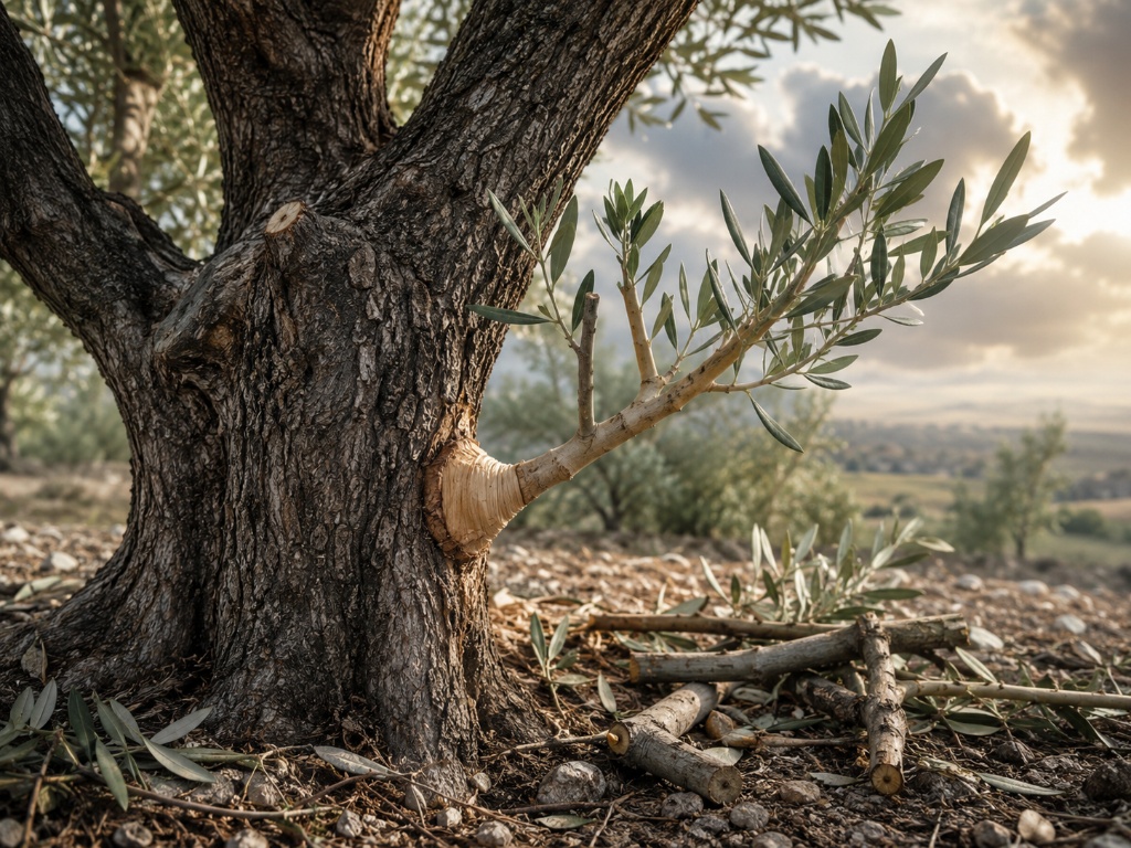 Olive tree with a freshly grafted branch, cut branches on the ground below, Judean hills background