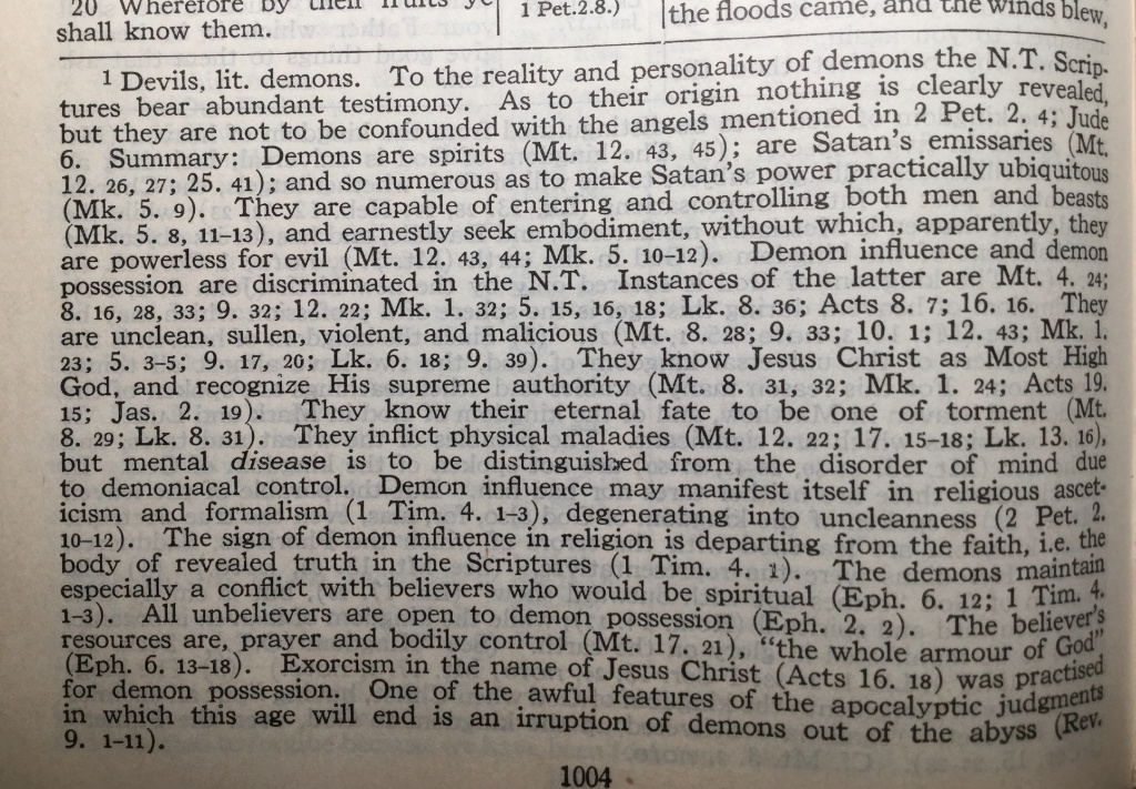 Scofield Reference Bible footnote page, 1909 edition, dense typeset annotations on demon possession