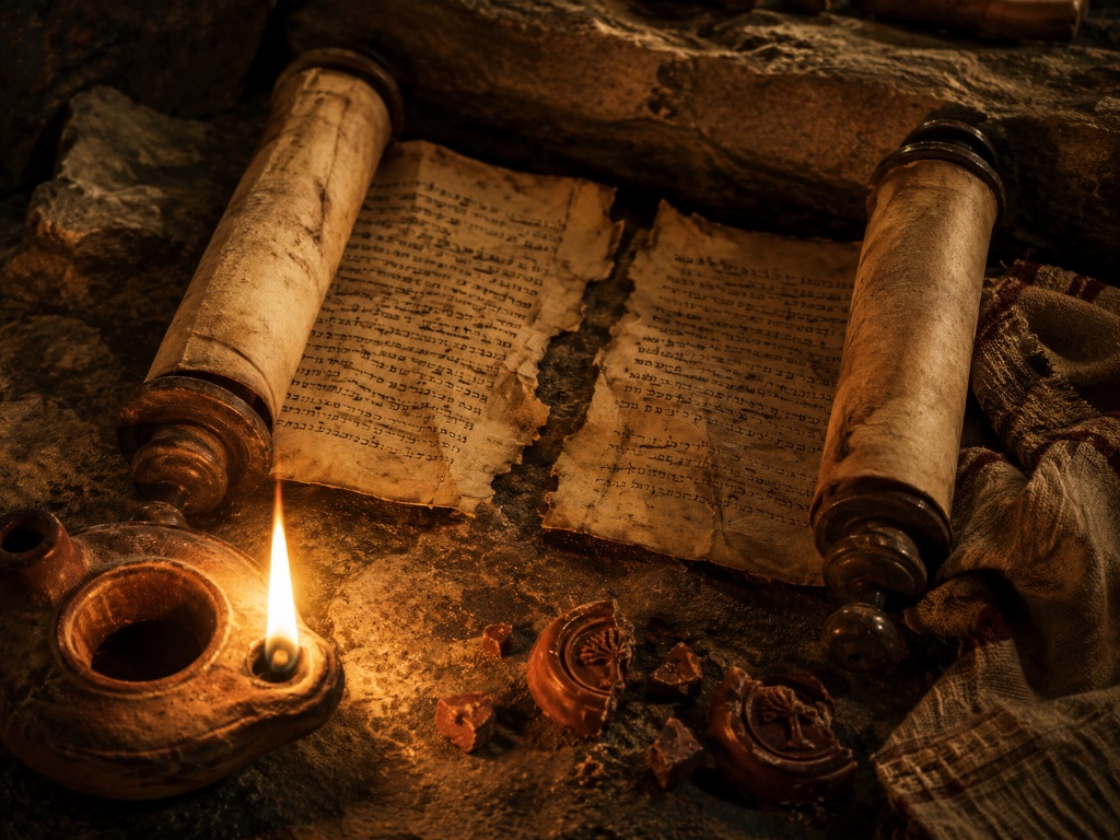 Ancient Hebrew scroll open on stone, lit by an oil lamp