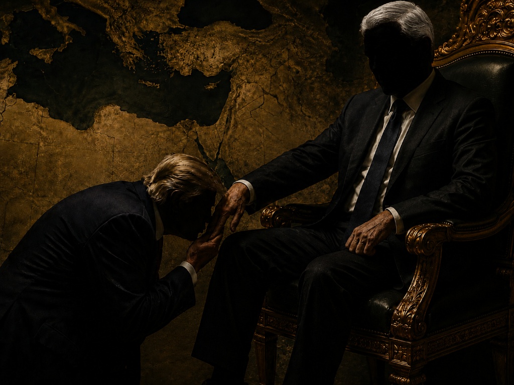 Figure in a suit kneeling before a faceless enthroned man, map of the Middle East behind them