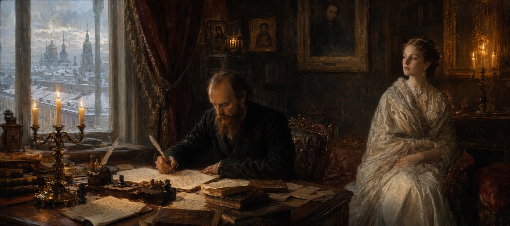 Dostoevsky writing by candlelight, St. Petersburg