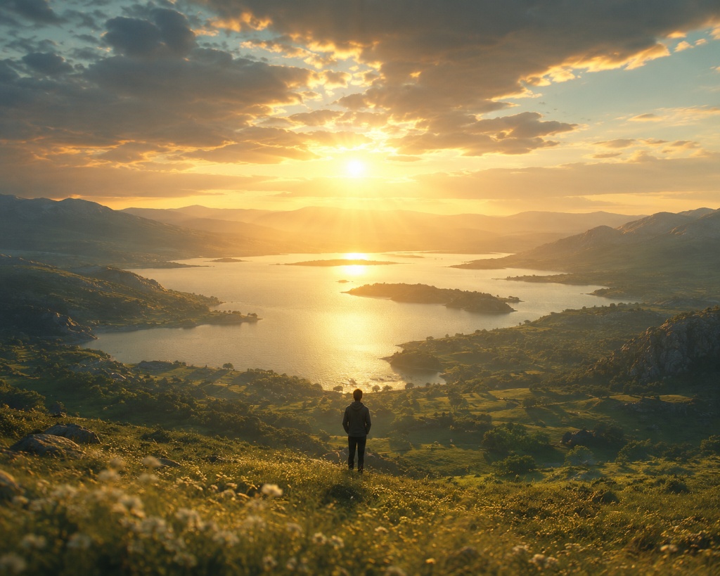Solitary figure standing on a hillside at golden hour, looking out over a sunlit lake — rays breaking through clouds, the full warmth of beauty as arrival