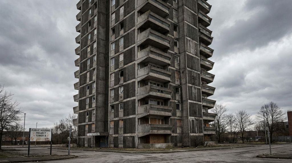 Brutalist public housing tower — concrete monolith under overcast sky
