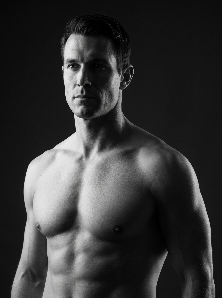 Male athletic form — angular geometry, strong jaw, broad shoulders: the male aesthetic grammar