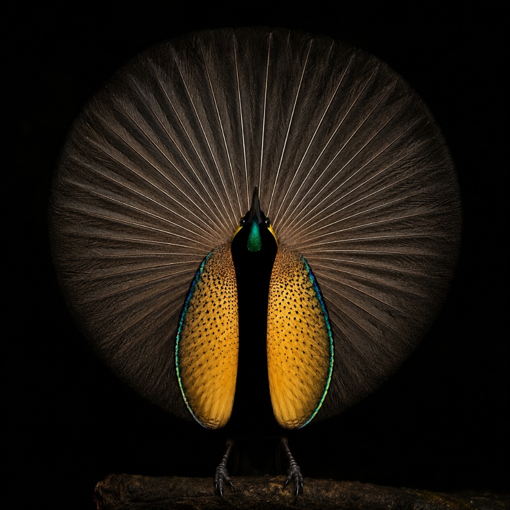 Bird-of-Paradise in full courtship display — geometric circular cape, iridescent breast shield against pure black background