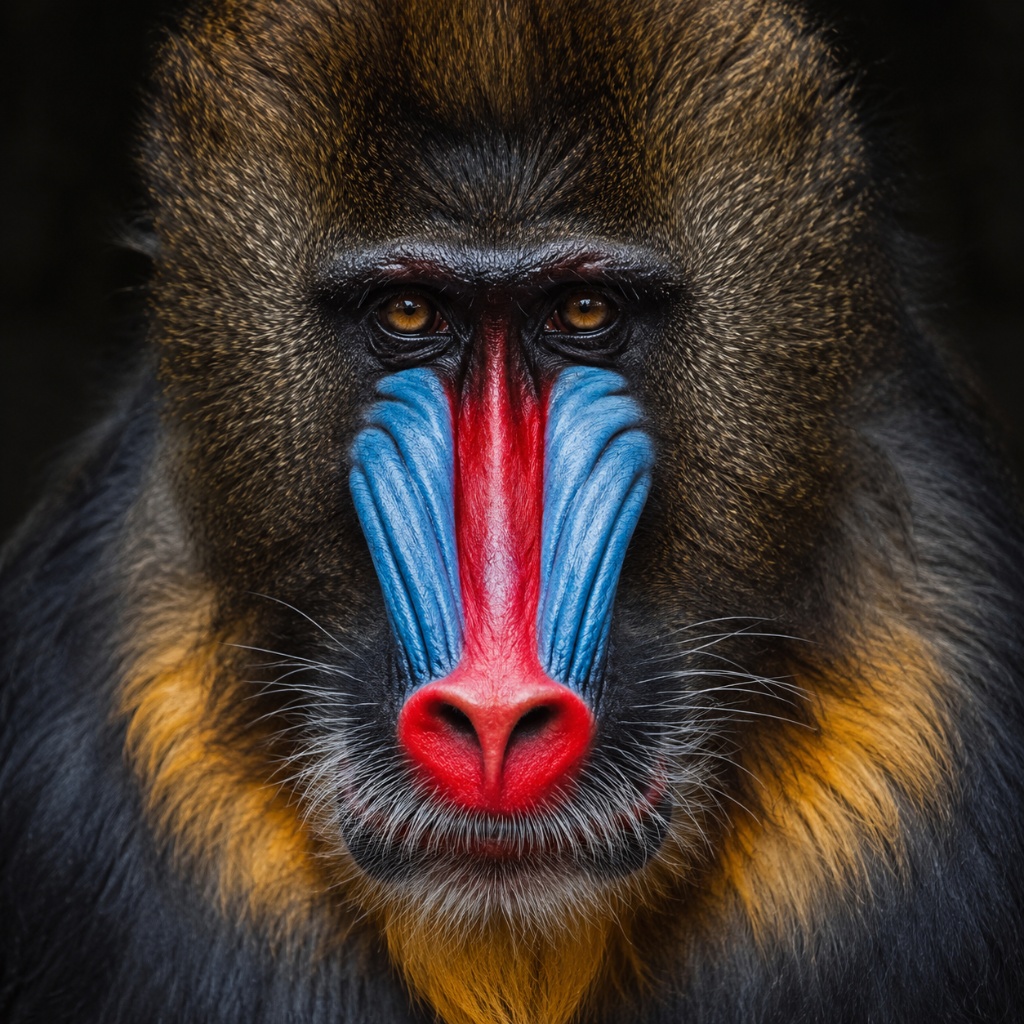 Mandrill male face showing vivid blue and red coloration — the most colorful mammal face on Earth, saturation proportional to dominance