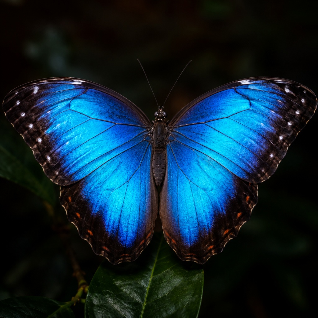 Morpho butterfly wings open — electric iridescent blue from nanostructural diffraction, not pigment. No chemistry involved — pure structural optics.