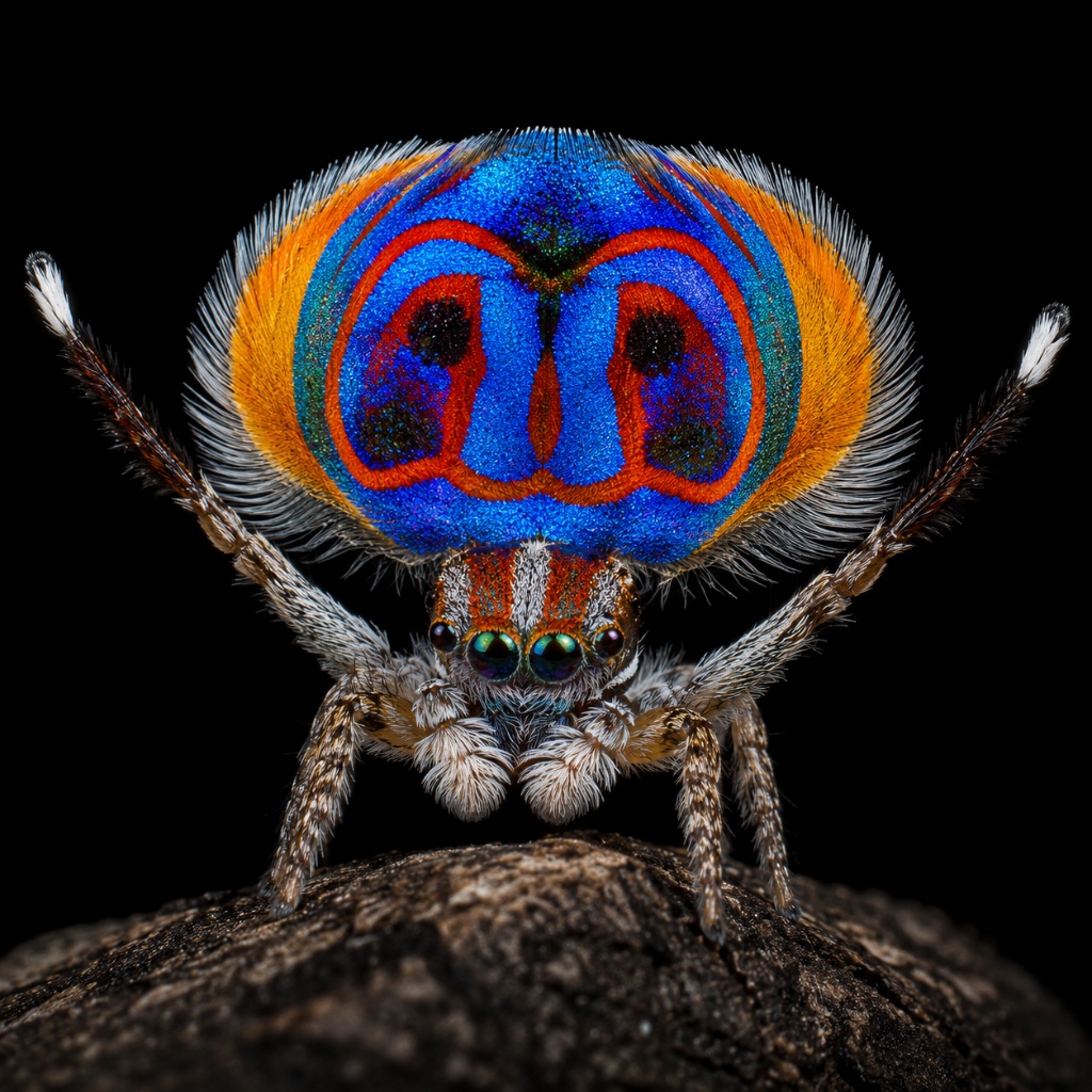 Peacock spider (Maratus volans) in full courtship display — 5mm body, abdominal flap expanded showing geometric blue, red, and orange pattern