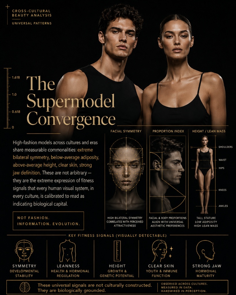 The Supermodel Convergence — high-fashion models across cultures share bilateral symmetry, below-average adiposity, above-average height, clear skin, strong jaw definition. Not fashion. Information. Evolution.
