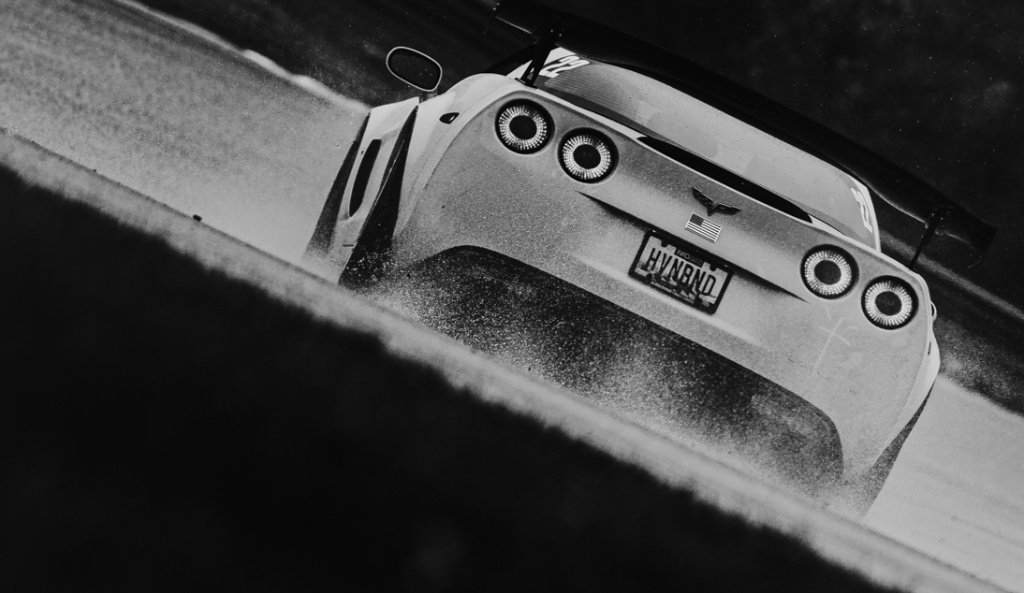 C6 Z06 · HVNBND · on wet circuit. Heaven Bound.