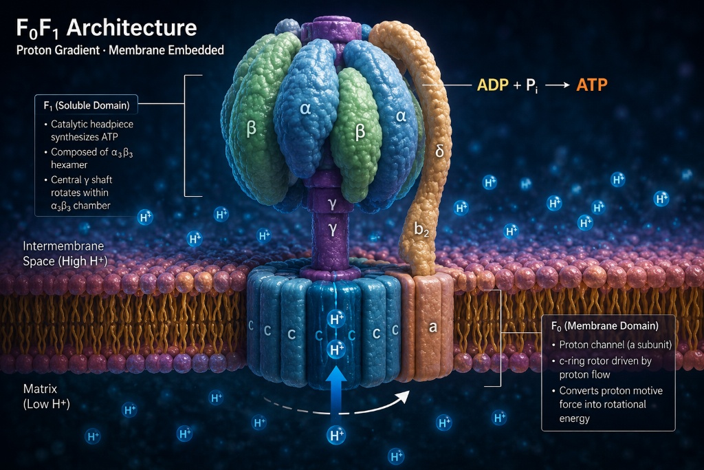 F₀F₁ Architecture — ATP synthase proton gradient membrane diagram, F1 domain, alpha-beta hexamer, ADP+Pi to ATP