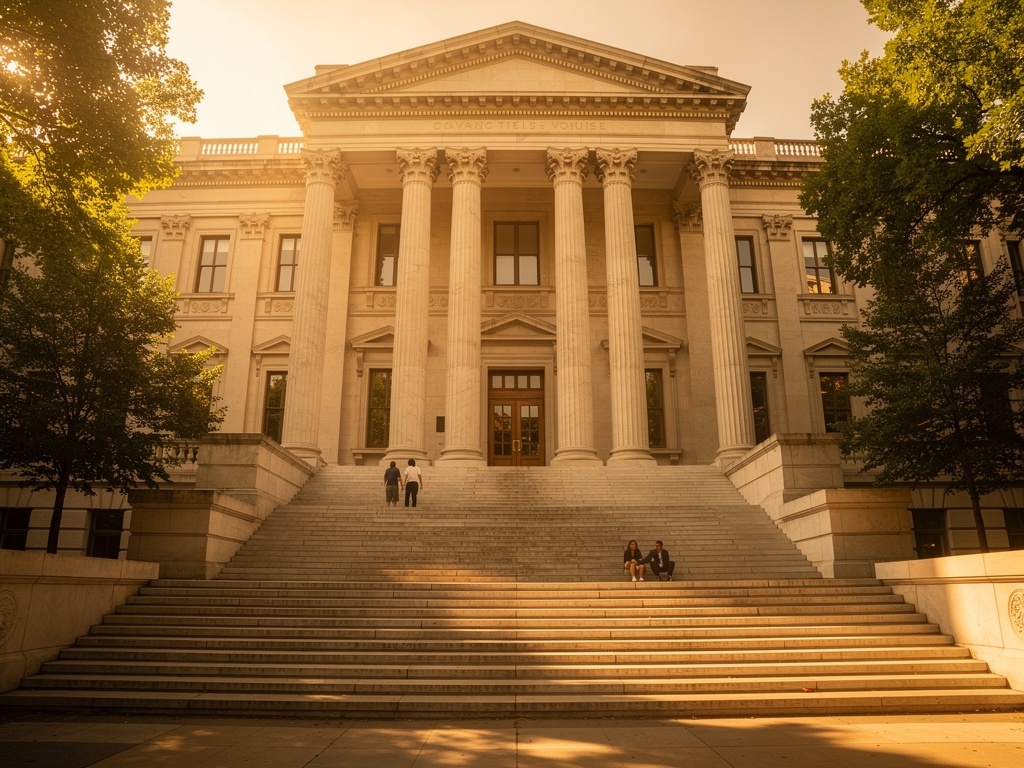 Warm golden-hour neoclassical building — columns, marble, proportion, invitation