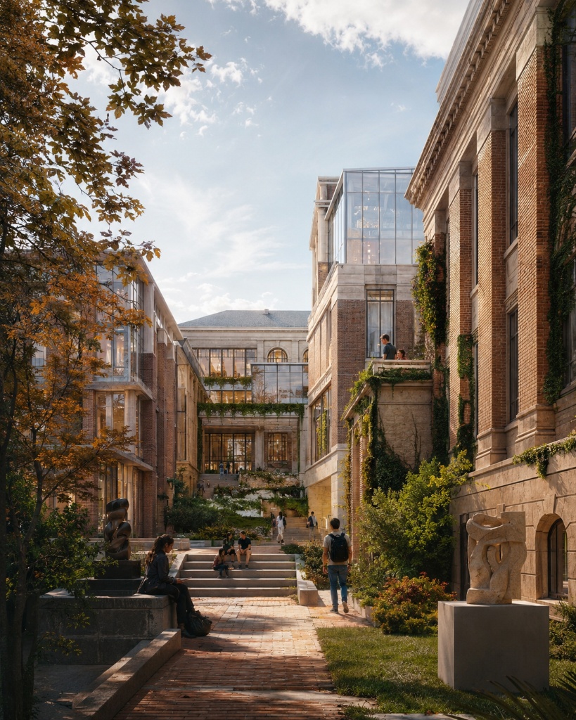 Warm inviting campus courtyard with natural materials and human scale