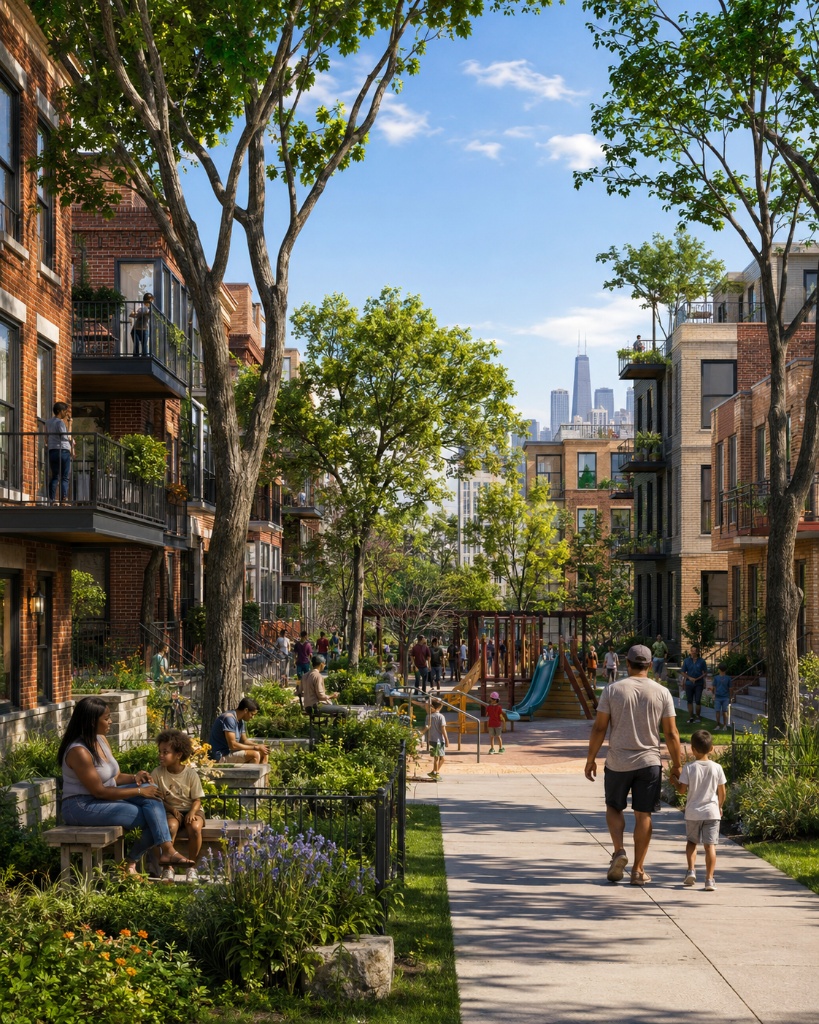 Human-scale neighborhood street with varied facades and pedestrian life
