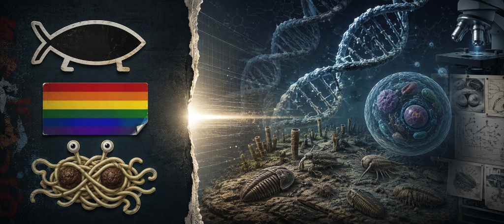 Composite: Darwin fish (1983), rainbow flag, and Flying Spaghetti Monster (2005) on the left, cultural signals, not arguments, against a right panel showing DNA helix, Cambrian trilobite fossils, and a cell under microscope: the empirical claims none of the stickers engage