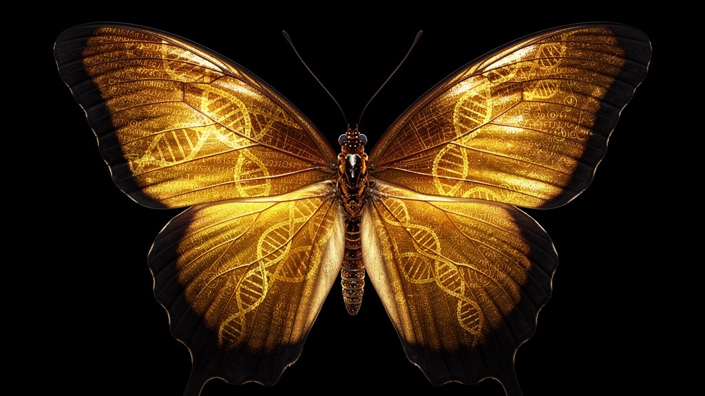 A masterclass butterfly with iridescent gold wings bearing DNA and code patterns — the form the caterpillar was always becoming