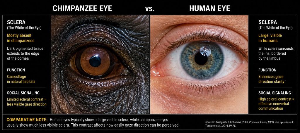 Macro DSLR split-panel: left shows chimpanzee eye with completely dark brown-black sclera, no white visible, surrounded by coarse dark periorbital skin; right shows human eye with clearly visible bright white sclera surrounding a brown iris. Labels: APE, NO WHITE SCLERA · HUMAN, WHITE SCLERA UNIQUE.
