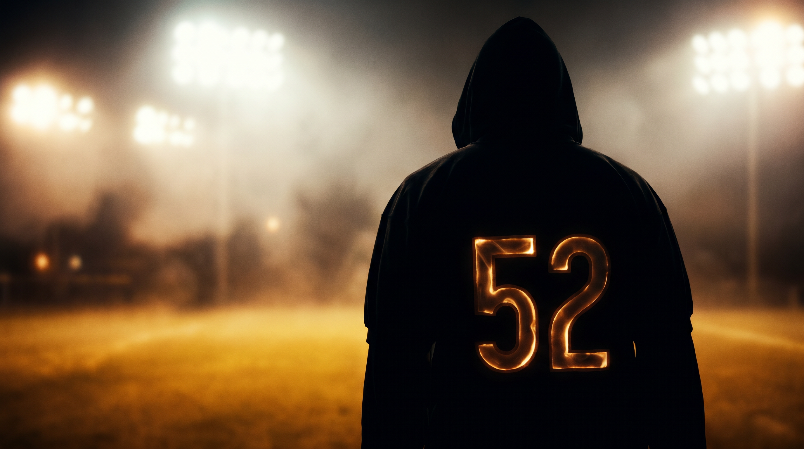 A dark silhouette of a football player showing the number 52 against blazing stadium field lights.