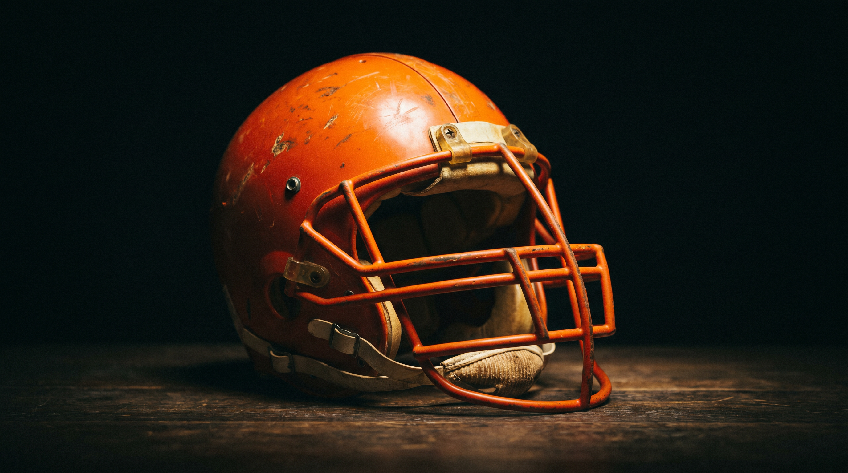 A vintage 1970s youth football helmet in Broncos orange with an aggressive facemask.