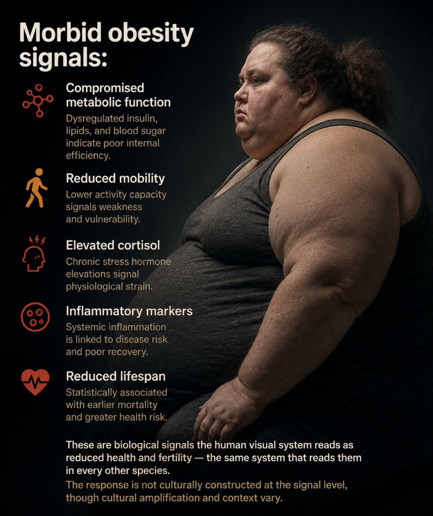 Morbid obesity signals infographic: compromised metabolic function, reduced mobility, elevated cortisol, inflammatory markers, reduced lifespan — biological signals the human visual system reads as reduced health and fertility