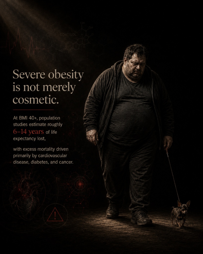 Severe obesity is not merely cosmetic — at BMI 40+, population studies estimate 6–14 years of life expectancy lost: biological health signals the human visual system reads as reduced fitness