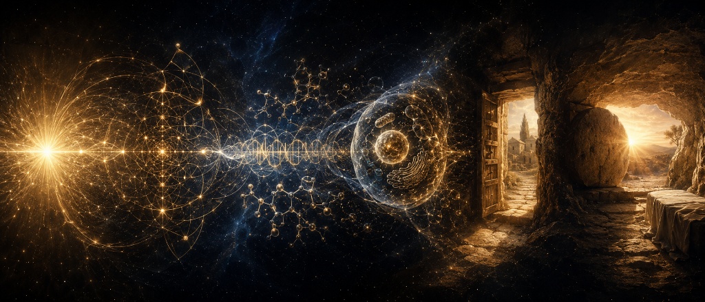 A cosmic panorama: golden light radiates into molecular structures, flowing through space toward an ancient stone doorway opening onto morning light