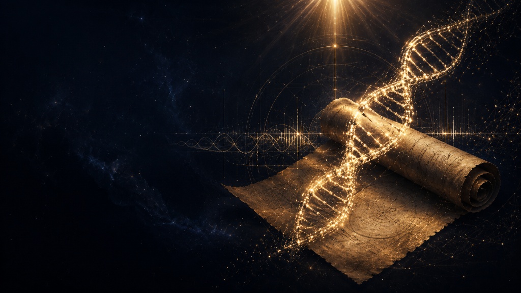 A glowing DNA helix rising from an ancient parchment scroll under a beam of golden light