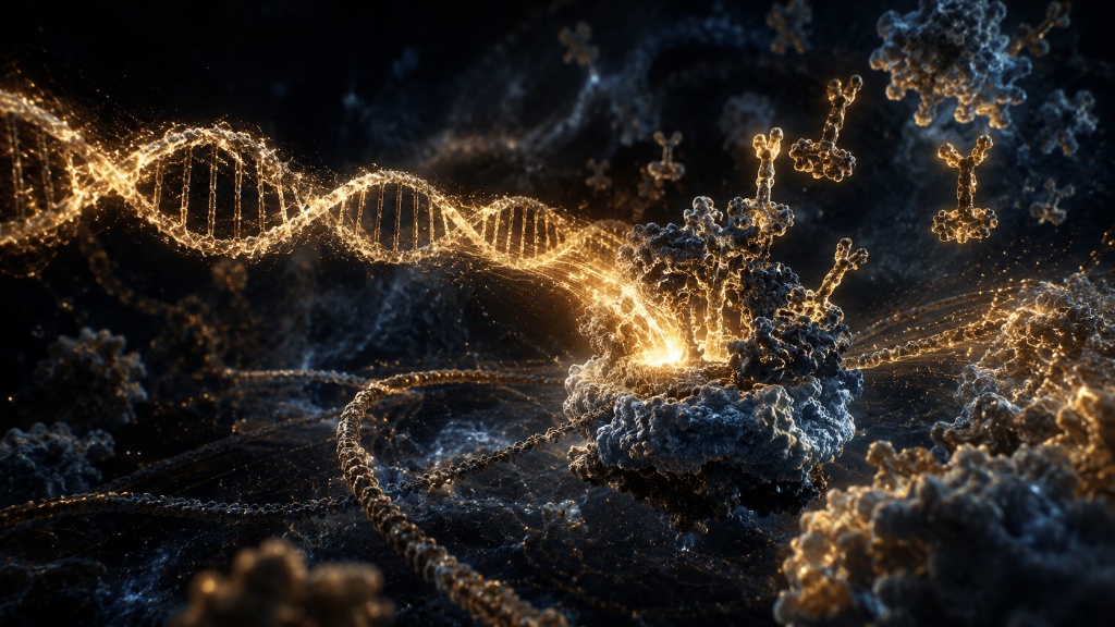 A golden spiral of DNA helices forming a fingerprint pattern, glowing against a deep cosmic background