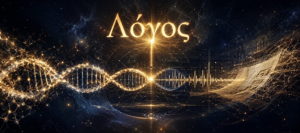 Λόγος — DNA helix and cosmic field converging on a point of divine light