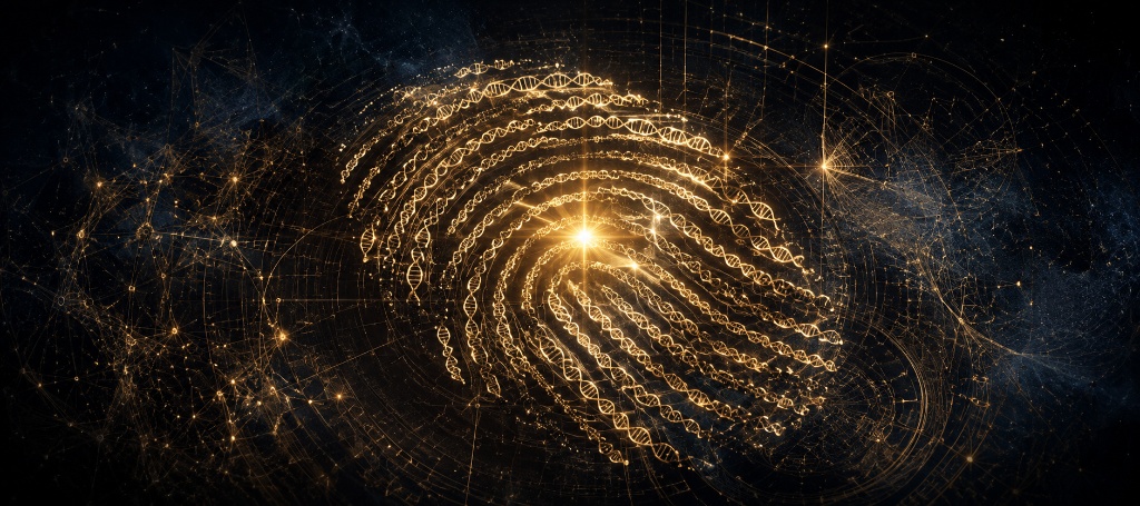 Glowing golden DNA helix intertwining with a complex molecular protein structure in deep space