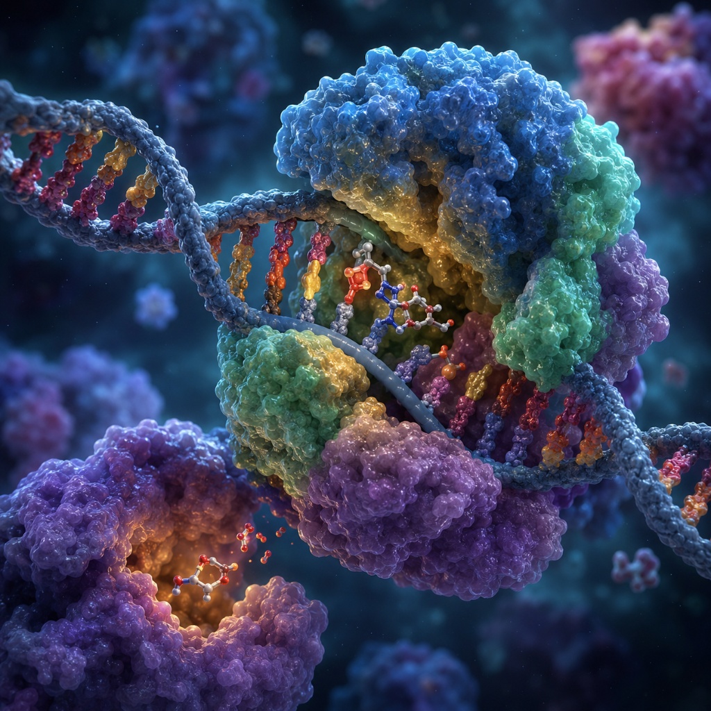 DNA Polymerase replication complex — multicolored enzyme machinery threading the DNA double helix, showing the active site reading template strand and synthesizing the new strand