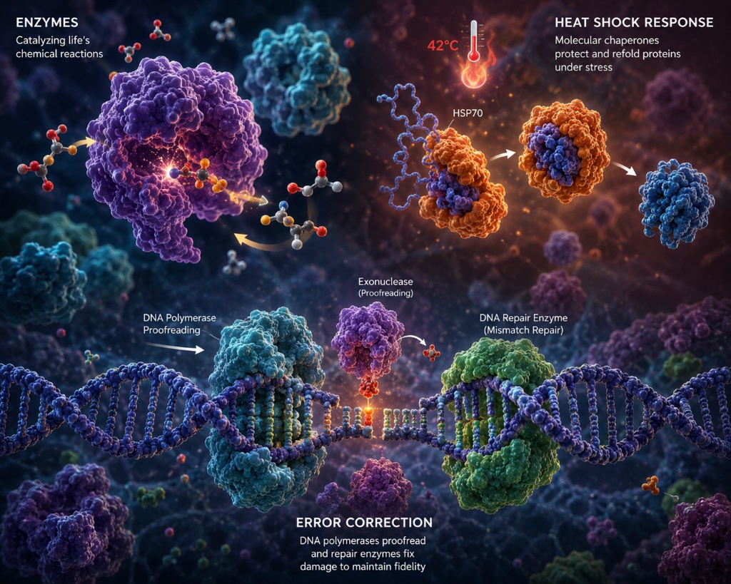 Three-panel molecular infographic: DNA Polymerase proofreading with exonuclease domain, HSP70 heat-shock chaperone protein structure, and Mismatch Repair complex — labeled molecular biology diagram
