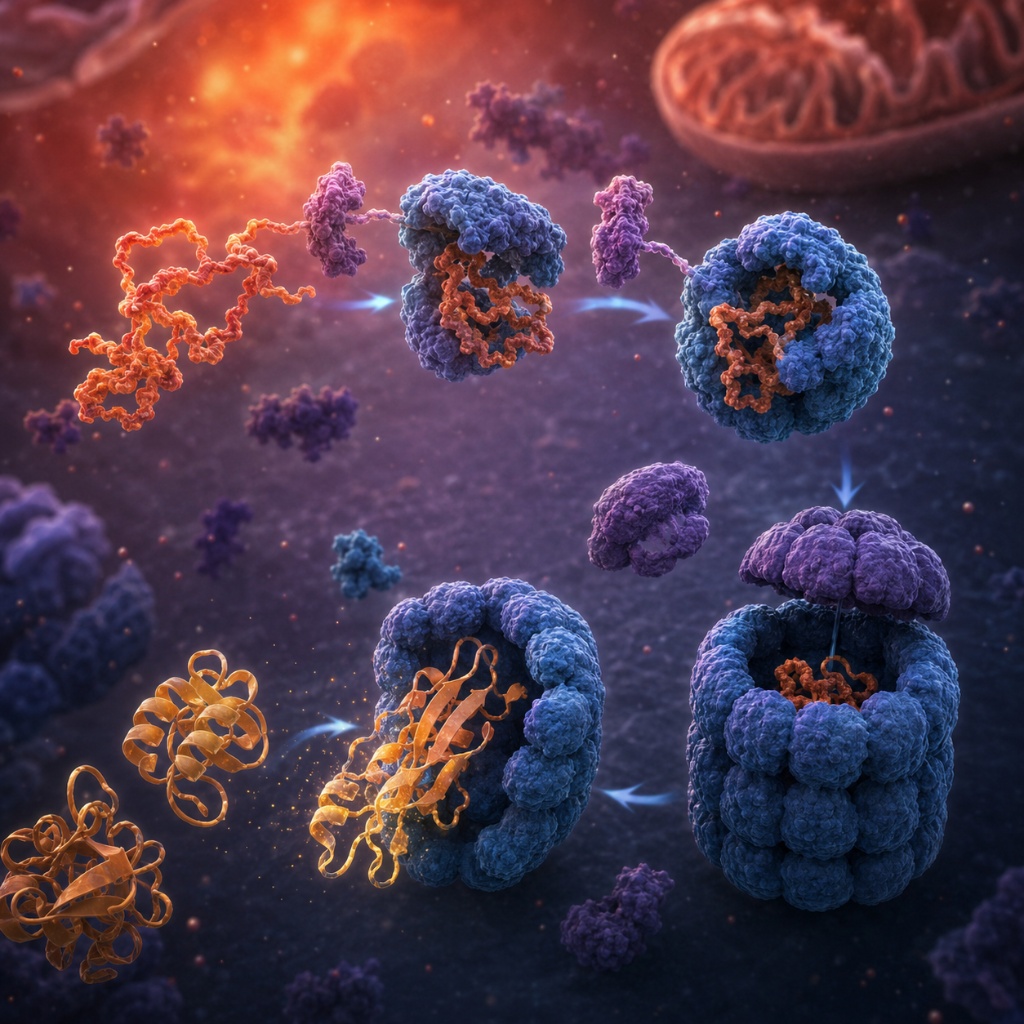 Ribosome protein synthesis sequence — four-panel diagram showing mRNA threading through the ribosome complex, tRNA delivery, peptide bond formation, and the emerging polypeptide chain beginning to fold