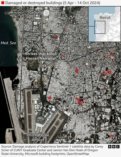 BBC satellite damage analysis map of Beirut Lebanon showing Copernicus Sentinel-1 data April to October 2024 - red zones indicating destroyed buildings across urban districts