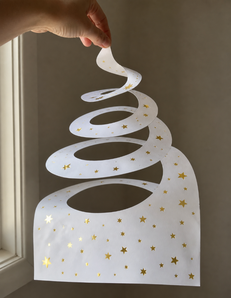 The same paper lifted into a 3-D spiral — stars separated by the geometry of the cut