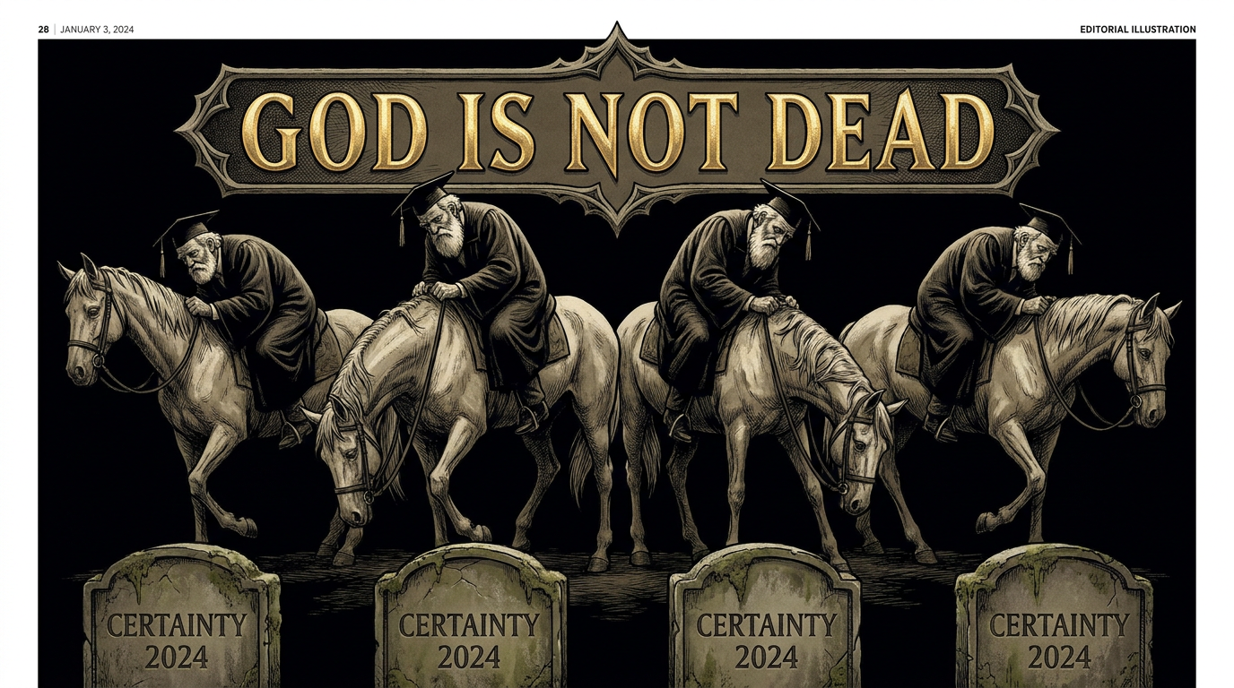 Satirical illustration: The Four Horsemen of atheism on stumbling horses, their campaign ending