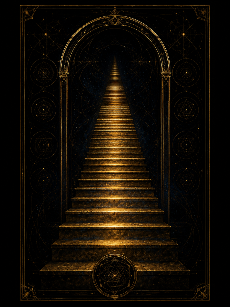 An endless golden staircase rising through an arch into a vanishing point.