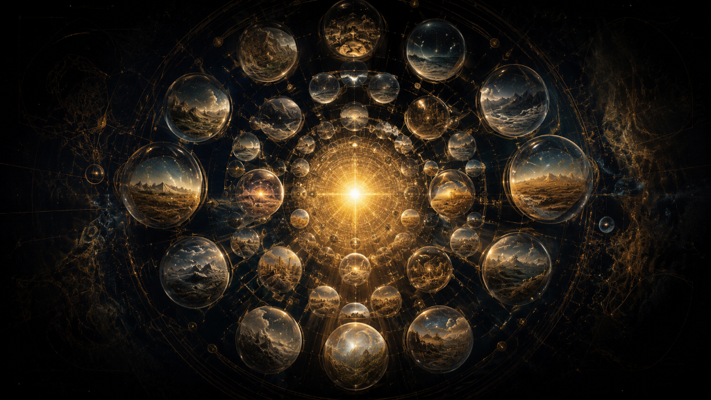 Concentric rings of glass spheres, each holding a different landscape, arranged around a central burst of light.