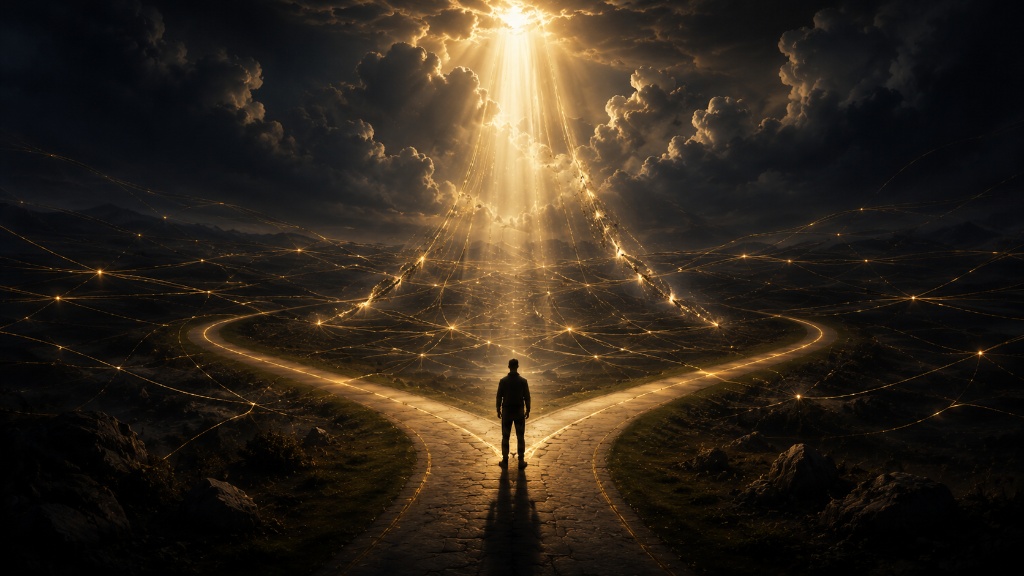 A lone figure stands at a fork in a paved road under a beam of light, golden threads of possibility branching across a dark landscape.