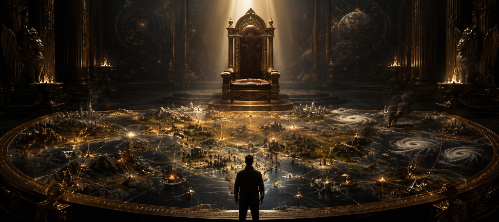 A man at a control console touches a glowing central orb that radiates golden causal threads to scenes of human life across a world map: medicine, war, space, family, birth.