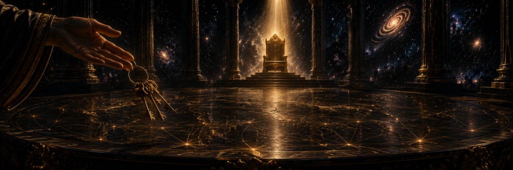 A cosmic colonnaded hall with a star-filled galactic background. An empty golden throne stands under a beam of light while a hand enters from the left holding a ring of old keys over a star-map floor.