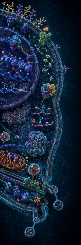 Detailed vertical cross-section of a living cell showing all 12 biological systems simultaneously active