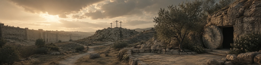 A wide view: the city wall at left, three empty crosses on a hill at center, and at right a rock-hewn tomb with its round stone rolled away beside an olive tree.