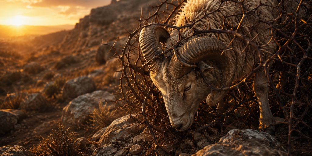 A ram caught by its spiral horns in a thicket of thorns on a rocky hillside at sunset.