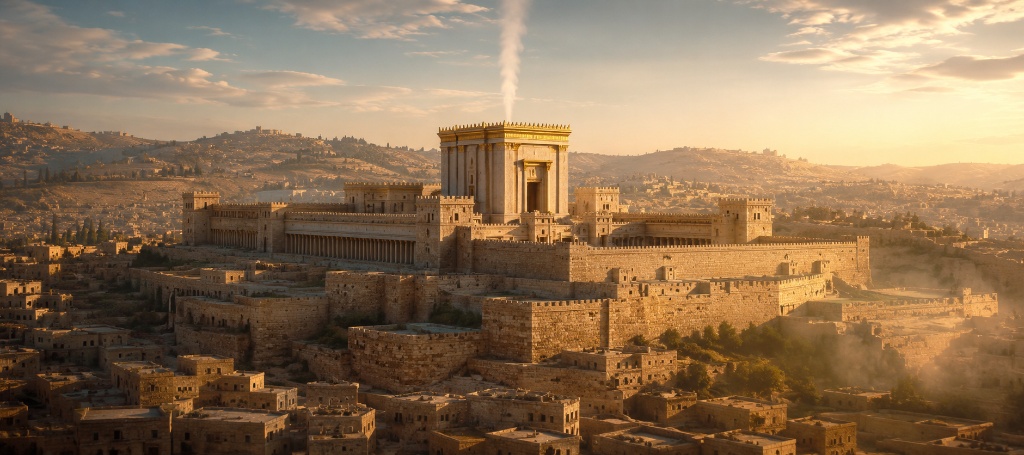 Solomon's Temple atop the walled Moriah ridge, a pillar of sacrificial smoke rising, Jerusalem at golden hour.