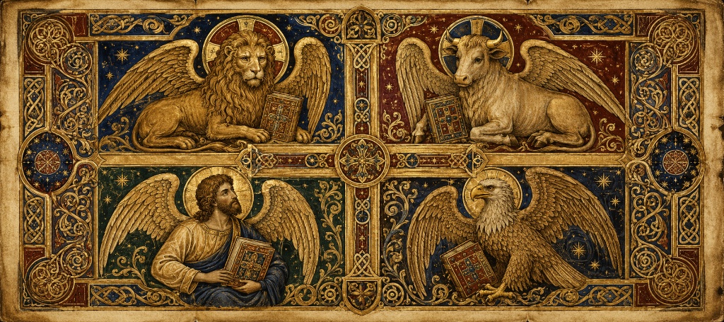 Illuminated-manuscript tetramorph around a central gilded cross: a winged lion top-left, a winged ox top-right, a winged bearded man bottom-left, and a winged eagle bottom-right, each haloed and holding a book, on gold-starred indigo and oxblood backgrounds.